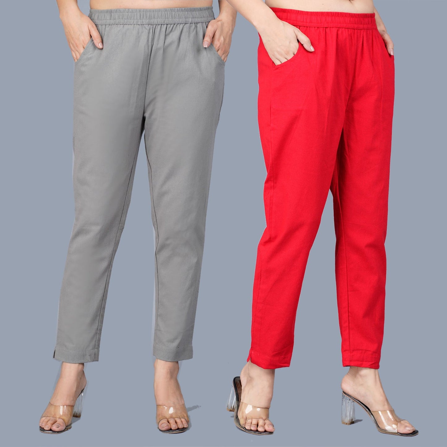 Pack Of 2 Womens Regular Fit Grey And Red Fully Elastic Waistband Cotton Trouser
