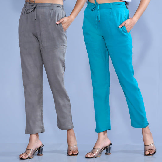 Pack Of 2 Womens Regular Fit Grey And Blue Cotton Slub Belt Pant Combo