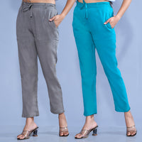 Pack Of 2 Womens Regular Fit Grey And Blue Cotton Slub Belt Pant Combo