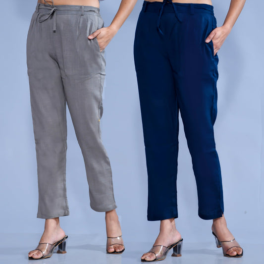 Pack Of 2 Womens Regular Fit Grey And Teal Blue Cotton Slub Belt Pant Combo