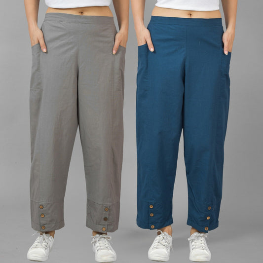 Combo Pack Of Womens Grey And Teal Blue Side Pocket Straight Cargo Pants