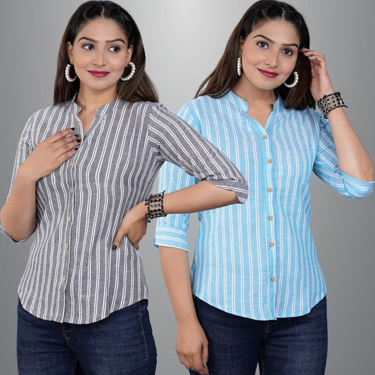 Pack Of 2 Womens Grey And Turquoise Mangoline Striped Casual Shirt