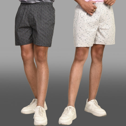 Pack Of 2 Grey And White Mens Printed Shorts Combo