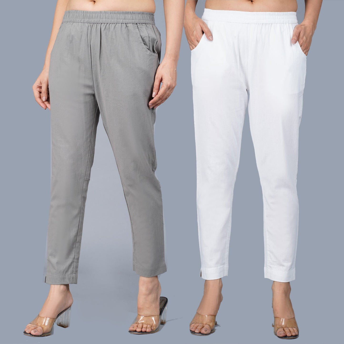 Pack Of 2 Womens Regular Fit Grey And White Fully Elastic Waistband Cotton Trouser