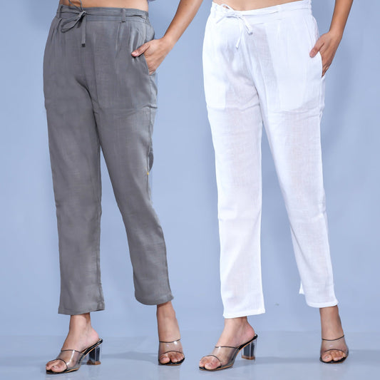 Pack Of 2 Womens Regular Fit Grey And White Cotton Slub Belt Pant Combo