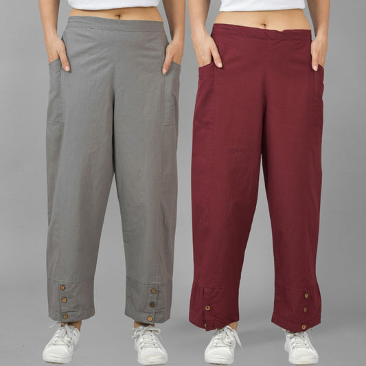 Combo Pack Of Womens Grey And Wine Side Pocket Straight Cargo Pants