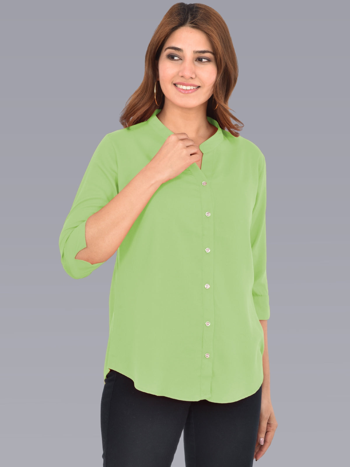 Pack Of 2 Womens Solid Black and Light Green Rayon Chinese Collar Shirts Combo