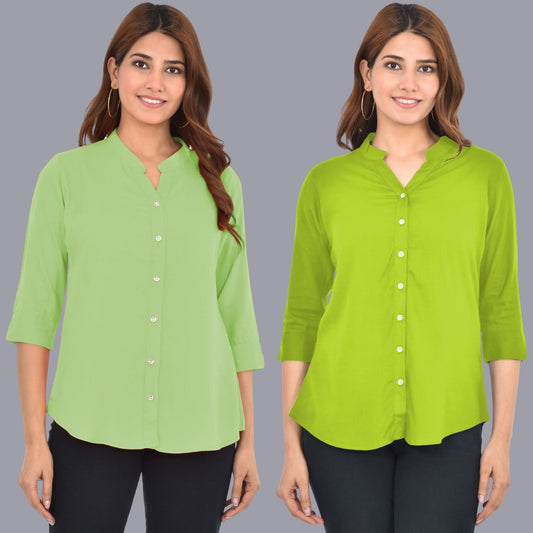 Pack Of 2 Womens Solid Light Green and Mehndi Green Rayon Chinese Collar Shirts Combo