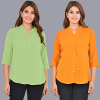 Pack Of 2 Womens Solid Light Green and Mustard Rayon Chinese Collar Shirts Combo