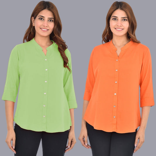 Pack Of 2 Womens Solid Light Green and Peach Rayon Chinese Collar Shirts Combo