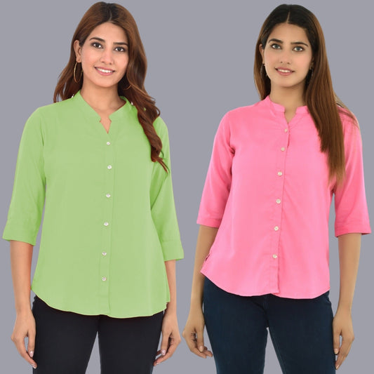 Pack Of 2 Womens Solid Light Green and Pink Rayon Chinese Collar Shirts Combo