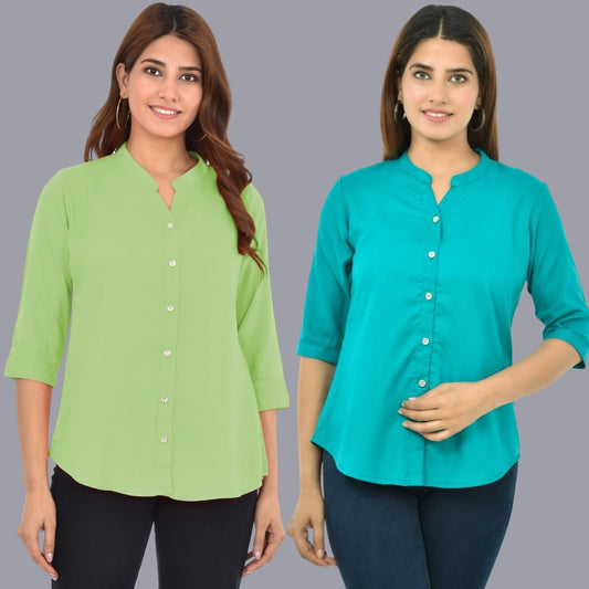Pack Of 2 Womens Solid Light Green and Sky Blue Rayon Chinese Collar Shirts Combo