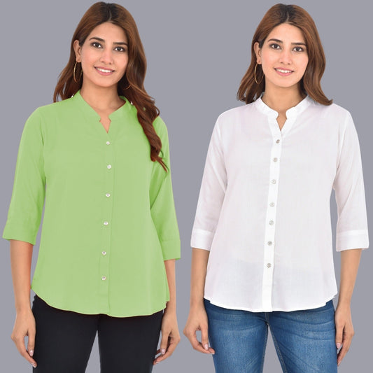 Pack Of 2 Womens Solid Light Green and White Rayon Chinese Collar Shirts Combo