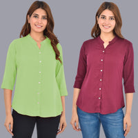 Pack Of 2 Womens Solid Light Green and Maroon Rayon Chinese Collar Shirts Combo