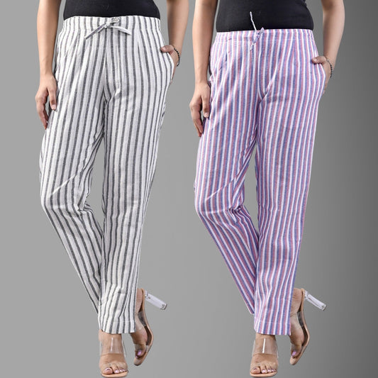 Pack Of 2 Light Grey And Blue Womens Cotton Stripe Pants Combo