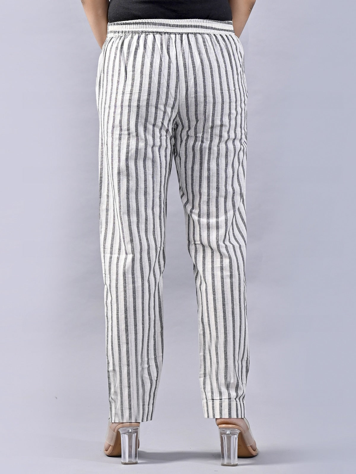 Pack Of 2 Green And Light Grey Womens Cotton Stripe Pants Combo