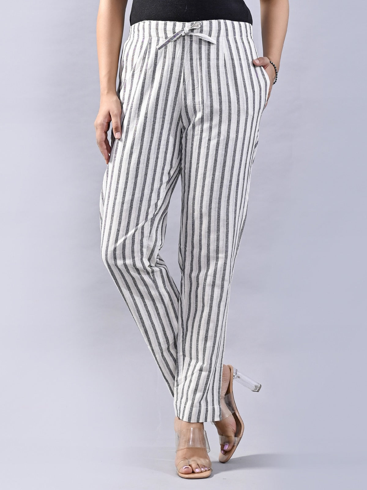 Pack Of 2 Light Grey And Blue Womens Cotton Stripe Pants Combo