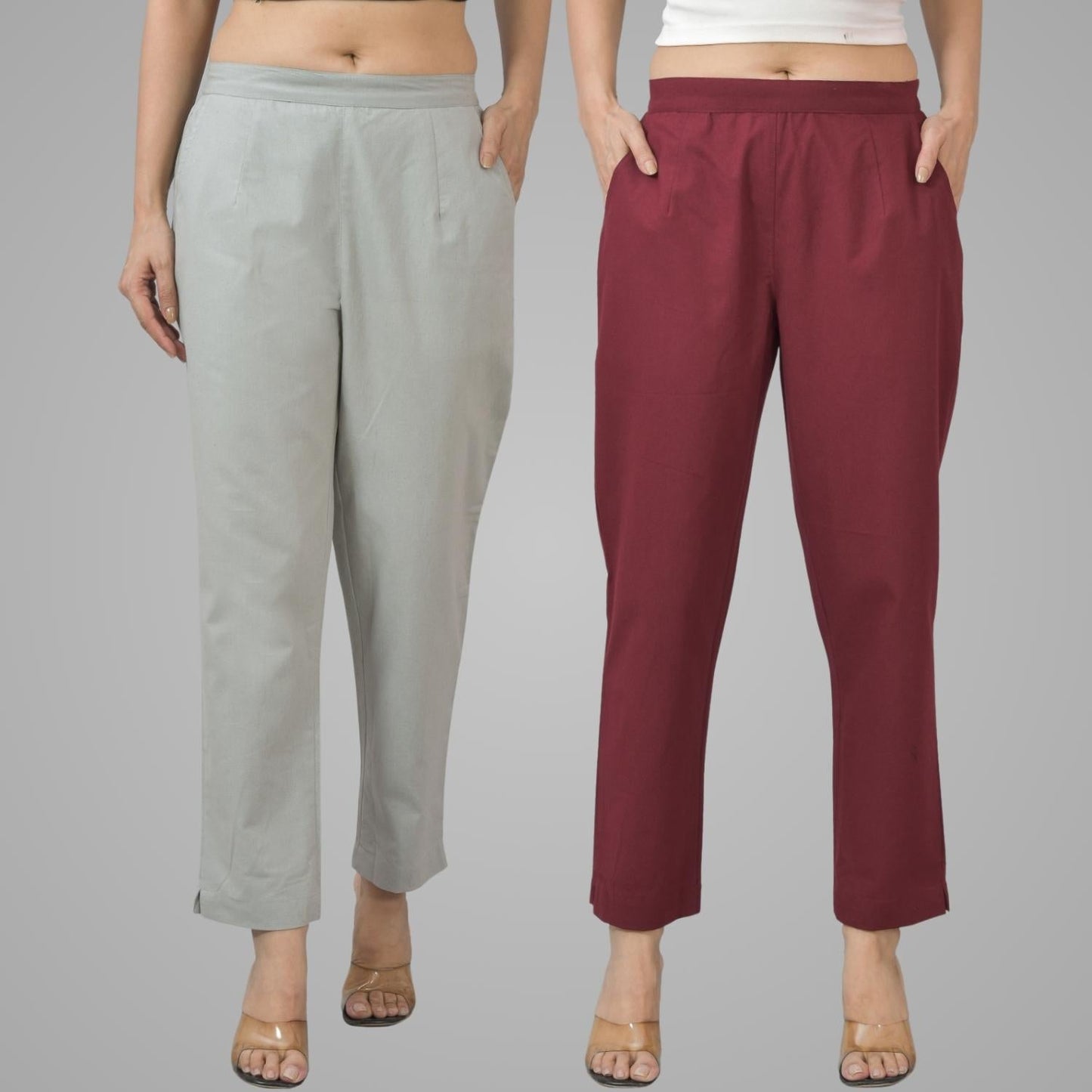 Pack Of 2 Womens Half Elastic Light Grey And Maroon Deep Pocket Cotton Pants