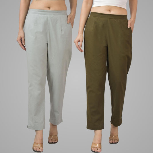 Pack Of 2 Womens Half Elastic Light Grey And Mehndi Green Deep Pocket Cotton Pants