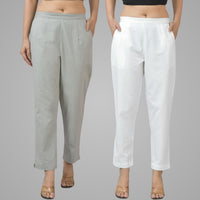 Pack Of 2 Womens Half Elastic Light Grey And White Deep Pocket Cotton Pants