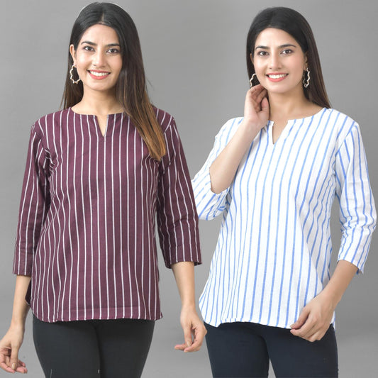 Pack Of 2 Maroon And Blue Striped Cotton Womens Top Combo