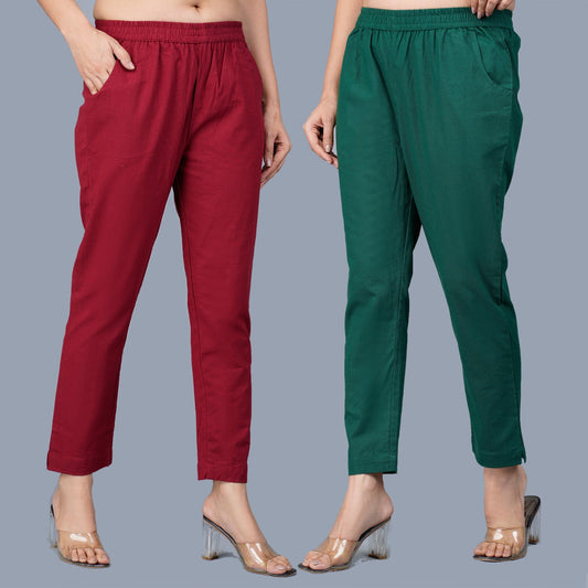 Pack Of 2 Womens Regular Fit Maroon And Bottle Green Fully Elastic Waistband Cotton Trouser