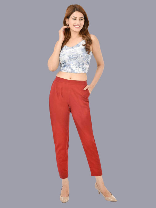 Women Regular Fit Maroon Cotton Trouser