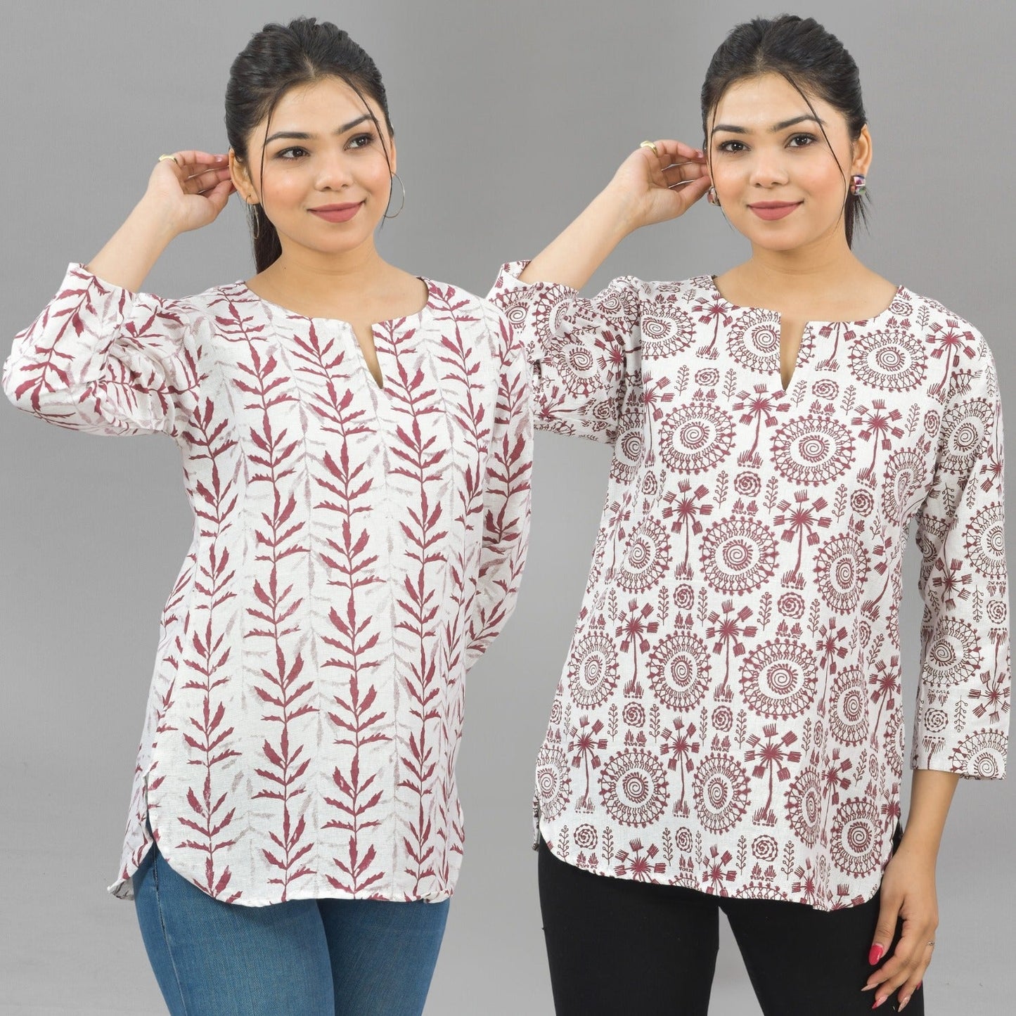 Pack Of 2 Womens Regular Fit Maroon Leaf And Maroon Tribal Printed Tops Combo