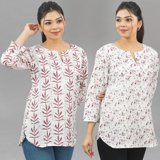 Pack Of 2 Womens Regular Fit Maroon Leaf And Maroon Vector Printed Tops Combo