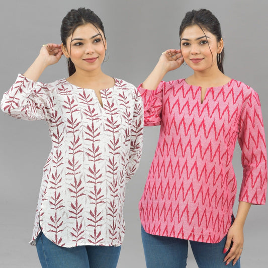 Pack Of 2 Womens Regular Fit Maroon Leaf And Pink Zig Zag Printed Tops Combo