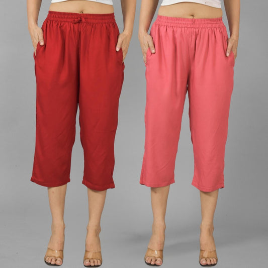 Pack Of 2 Womens Maroon And Mauve Pink Calf Length Rayon Culottes Trouser Combo