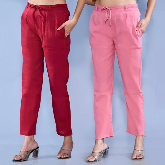 Pack Of 2 Womens Regular Fit Maroon And Mauve Pink Cotton Slub Belt Pant Combo