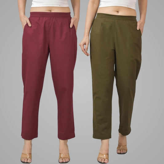 Pack Of 2 Womens Half Elastic Maroon And Mehndi Green Deep Pocket Cotton Pants