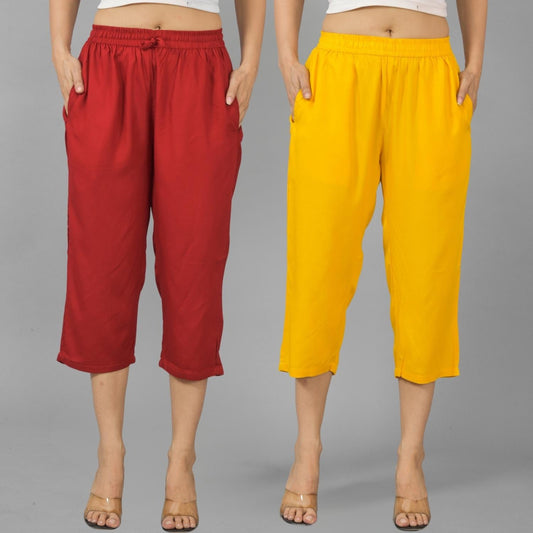 Pack Of 2 Womens Maroon And Mustard Calf Length Rayon Culottes Trouser Combo