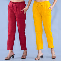 Pack Of 2 Womens Regular Fit Maroon And Mustard Cotton Slub Belt Pant Combo