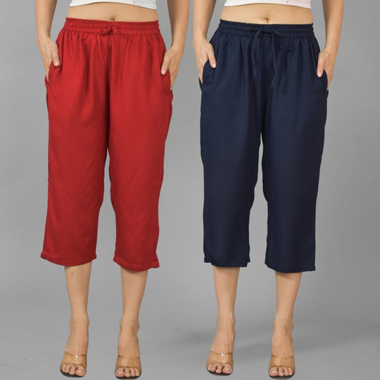Pack Of 2 Womens Maroon And Navy Blue Calf Length Rayon Culottes Trouser Combo