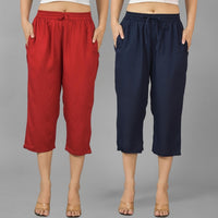 Pack Of 2 Womens Maroon And Navy Blue Calf Length Rayon Culottes Trouser Combo