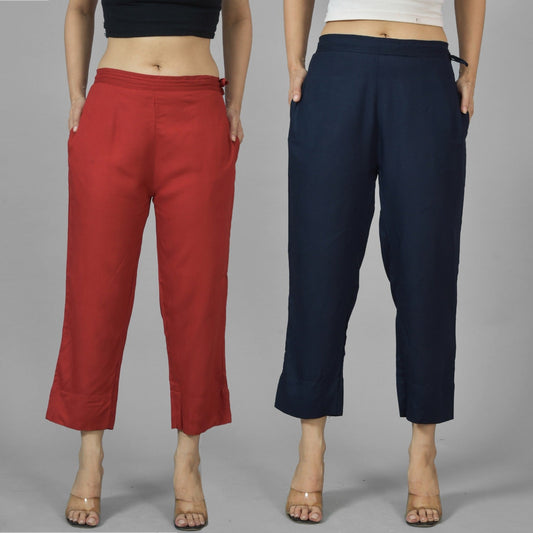 Pack Of 2 Womens Maroon And Navy Blue Ankle Length Rayon Culottes Trouser Combo