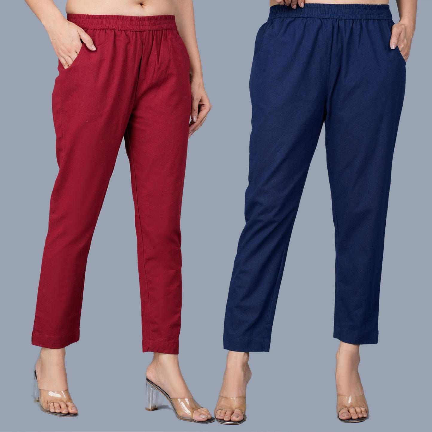 Pack Of 2 Womens Regular Fit Maroon And Navy Blue Fully Elastic Waistband Cotton Trouser