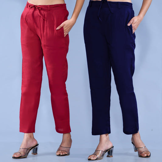 Pack Of 2 Womens Regular Fit Maroon And Navy Blue Cotton Slub Belt Pant Combo