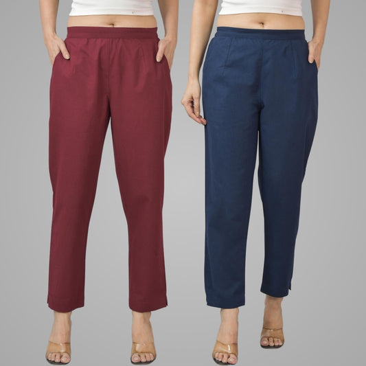 Pack Of 2 Womens Half Elastic Maroon And Navy Blue Deep Pocket Cotton Pants