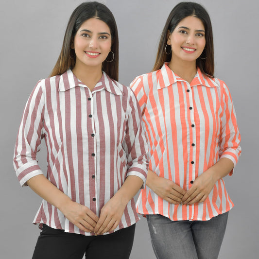 Pack Of 2 Womens Maroon And Orange Spread Collar Striped Shirt Combo