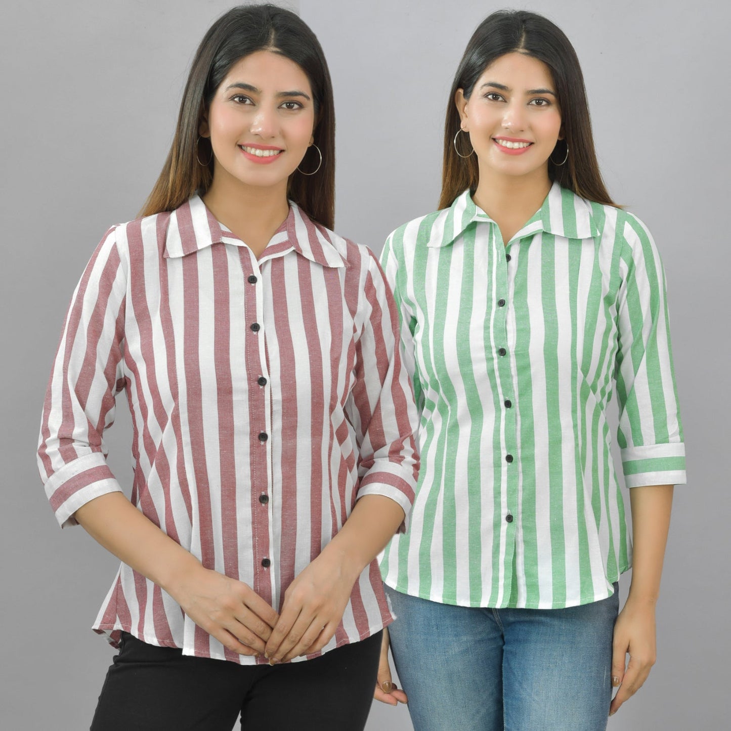 Pack Of 2 Womens Maroon And Parrot Green Spread Collar Striped Shirt Combo