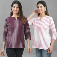 Pack Of 2 Maroon And Pink Striped Cotton Womens Top Combo