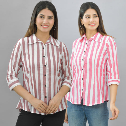 Pack Of 2 Womens Maroon And Pink Spread Collar Striped Shirt Combo