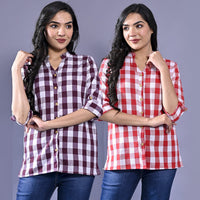 Pack Of 2 Womens Maroon And Pink Chekerd Casual Shirt Combo