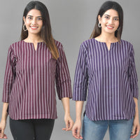 Pack Of 2 Maroon And Dark Purple Striped Cotton Womens Top Combo