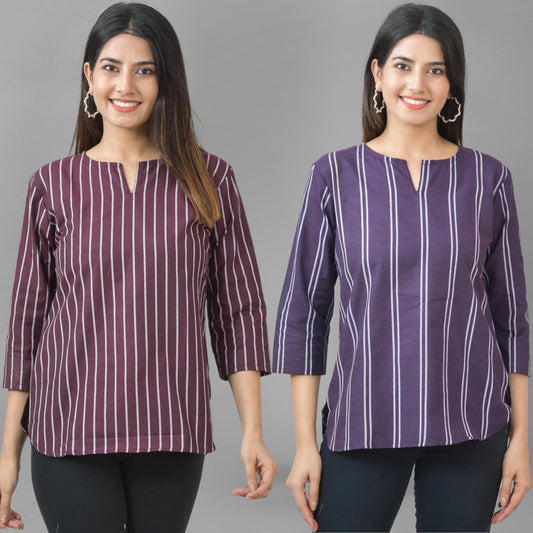 Pack Of 2 Maroon And Purple Striped Cotton Womens Top Combo