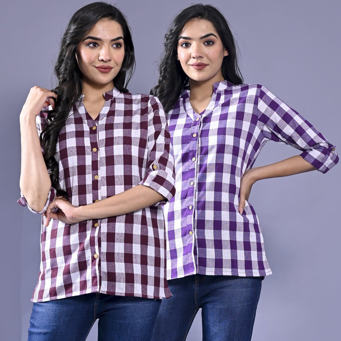 Pack Of 2 Womens Maroon And Purple Chekerd Casual Shirt Combo