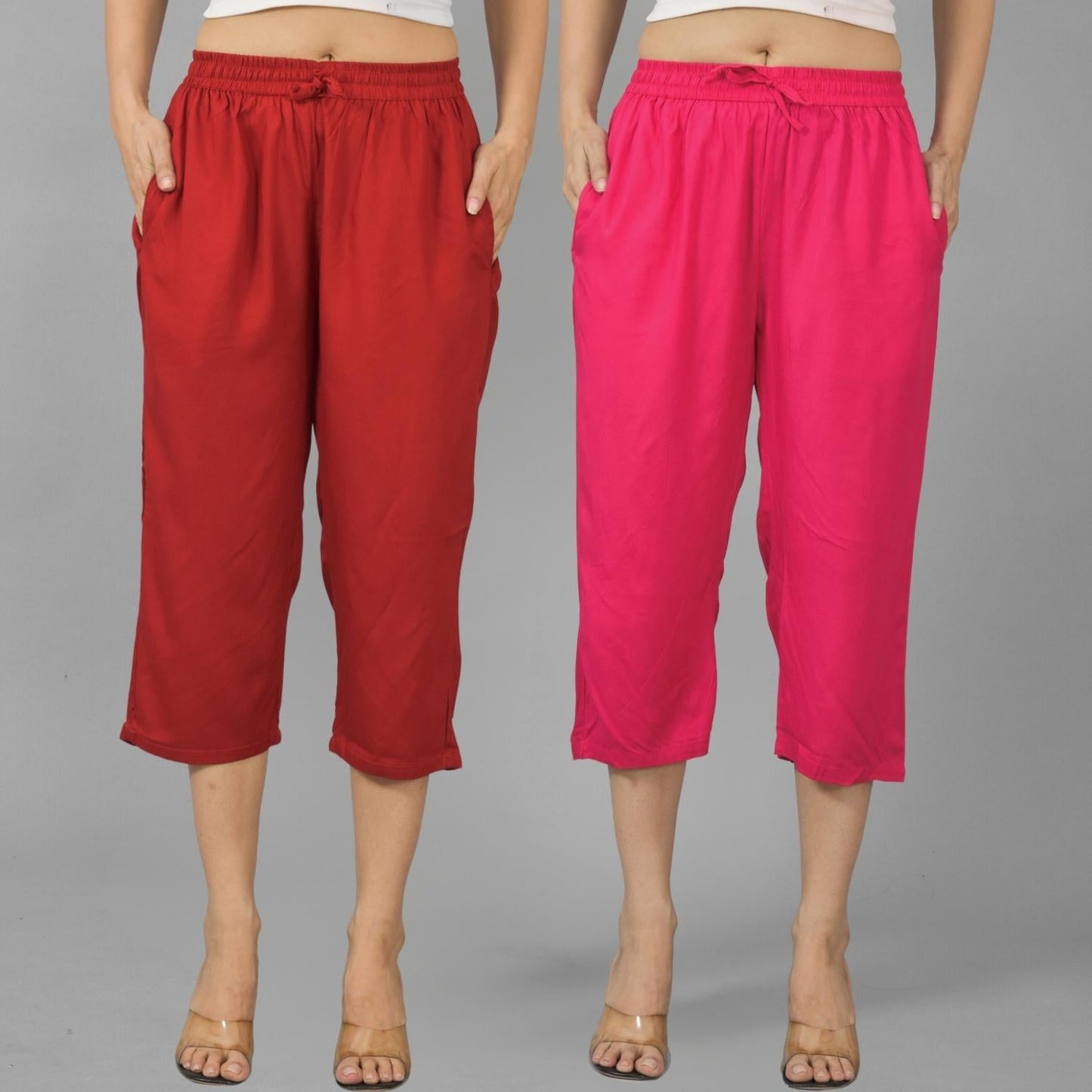 Pack Of 2 Womens Maroon And Rani Pink Calf Length Rayon Culottes Trouser Combo